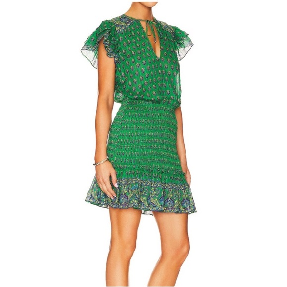 NWT Veronica Beard Brindelle Smocked Cotton Mini Dress in Kelly Green Multi 4 - Picture 2 of 15